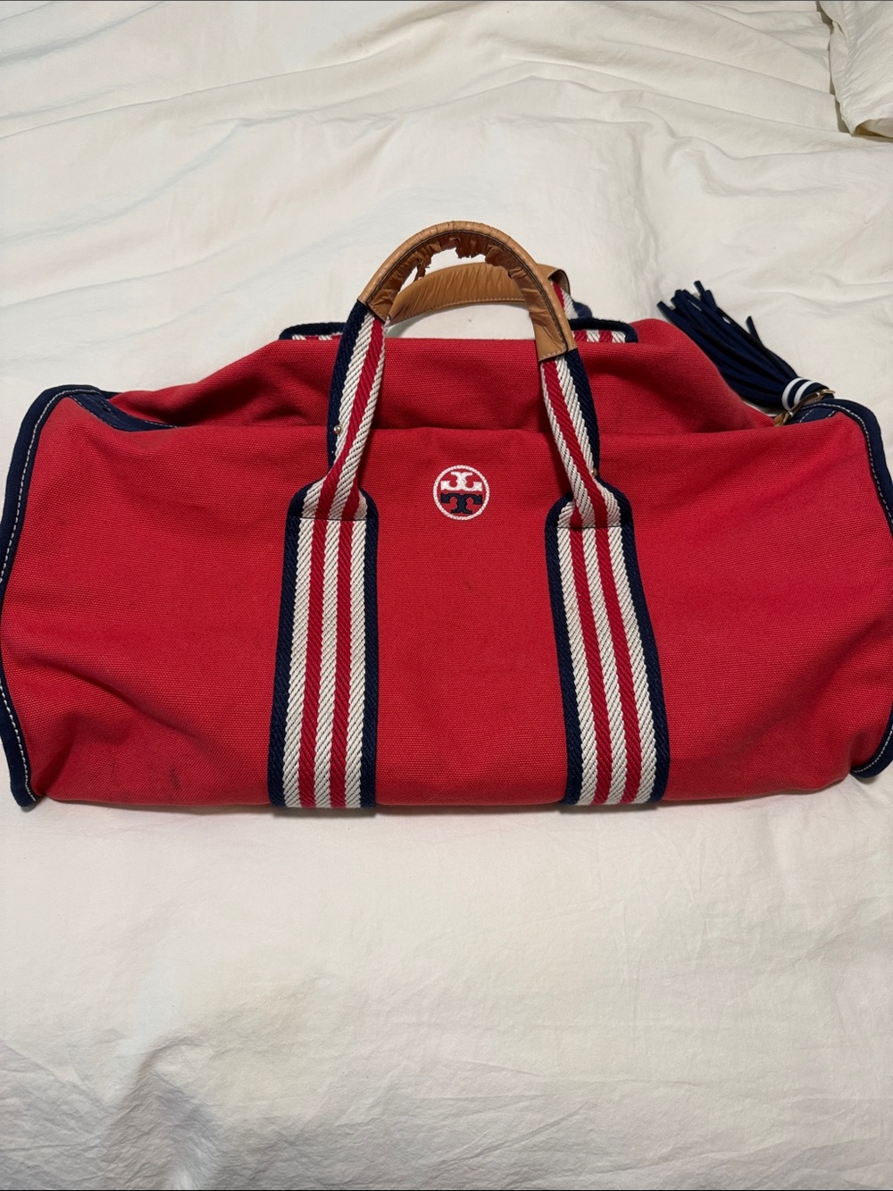 Tory Burch Red Canvas Duffel with Navy & White Striped Webbing